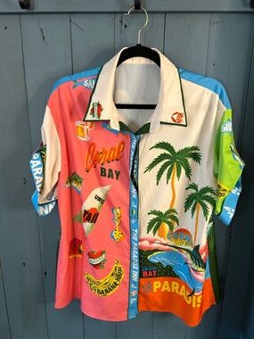 Coral Bay Tropical Graphic Button-Up Shirt - Pink, White, Green, Blue